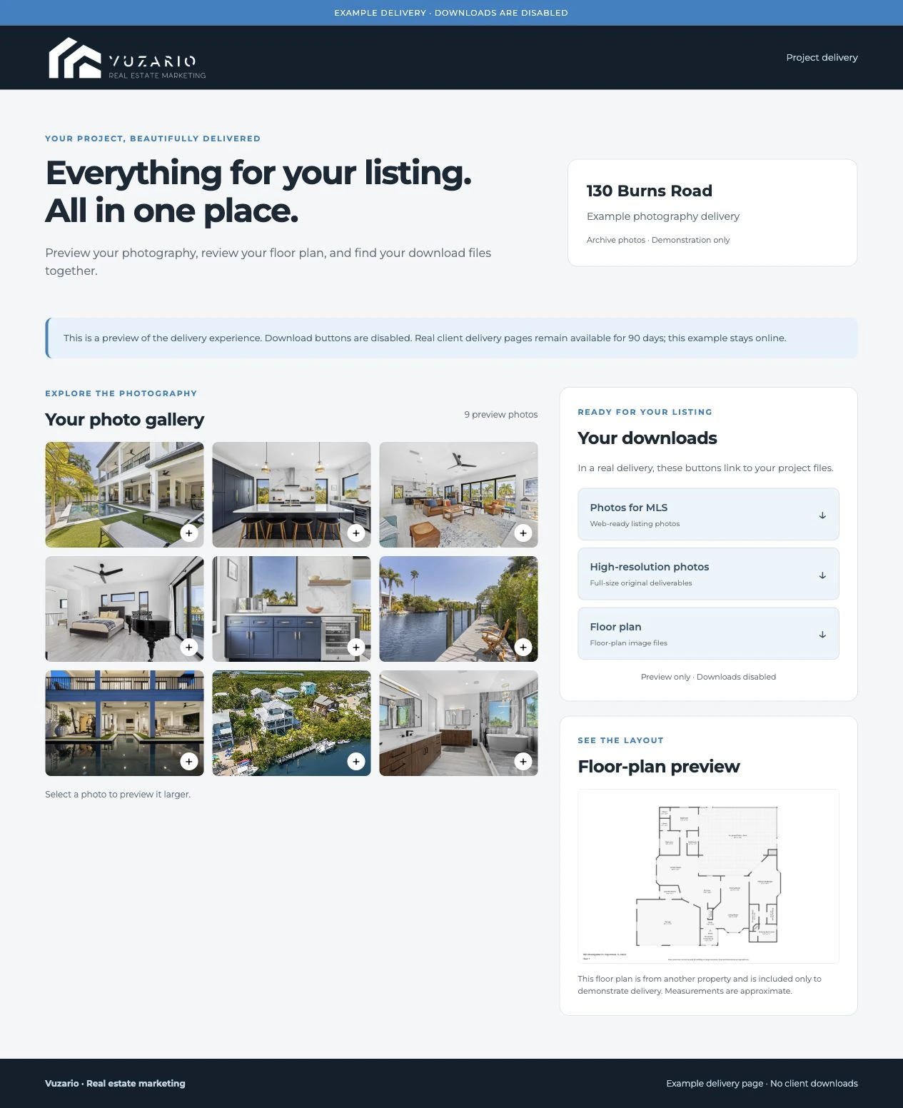 Example Vuzario delivery page with photo previews, a sample floor plan and disabled download buttons