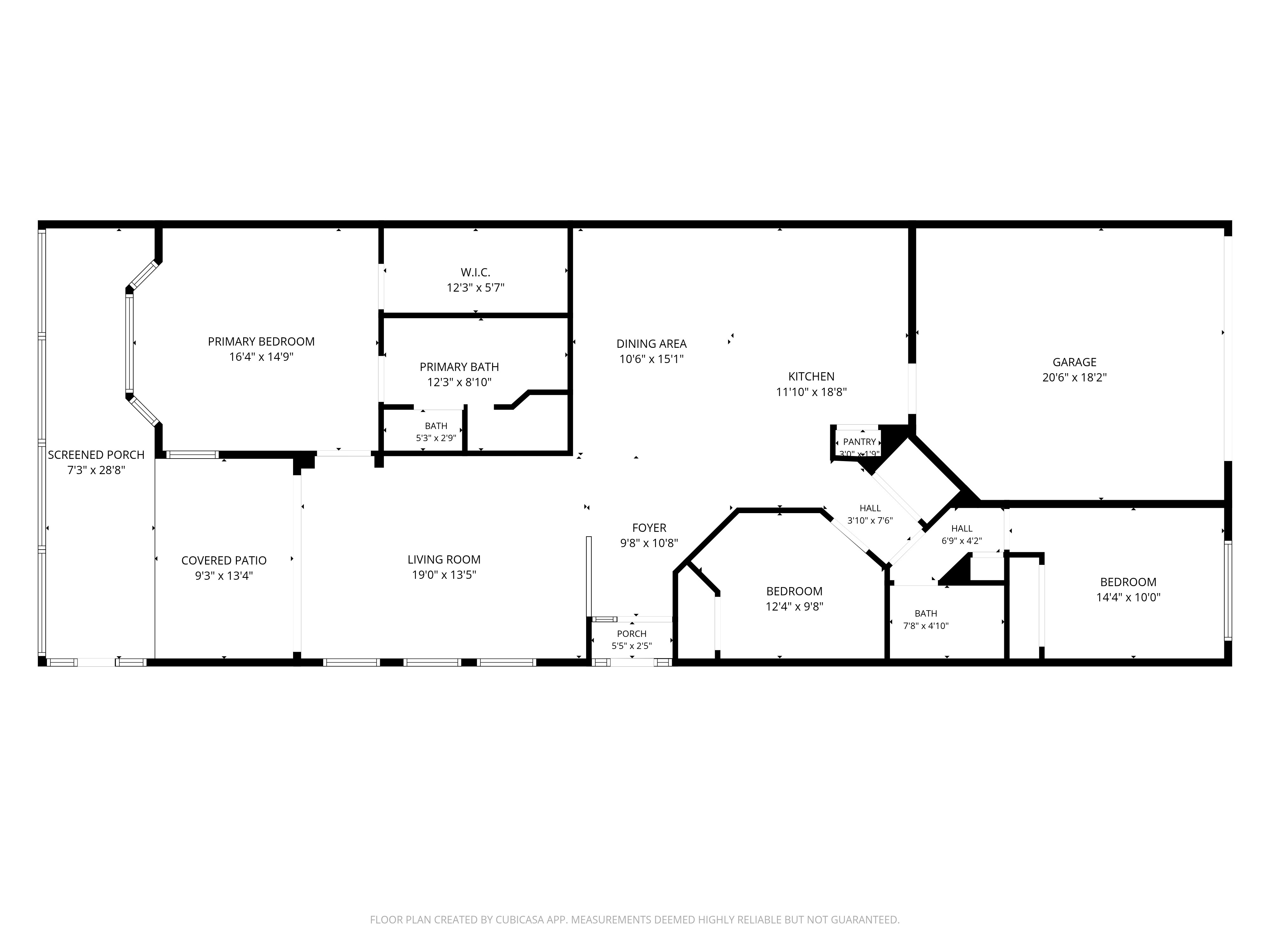 Vuzario floor plan with three bedrooms, kitchen, living room, garage, covered patio and screened porch, including room dimensions