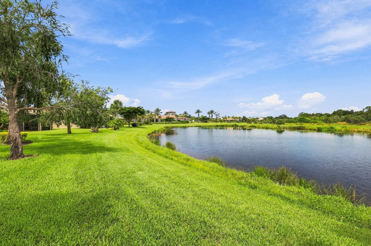 Peaceful lake and green shoreline photographed by Vuzario